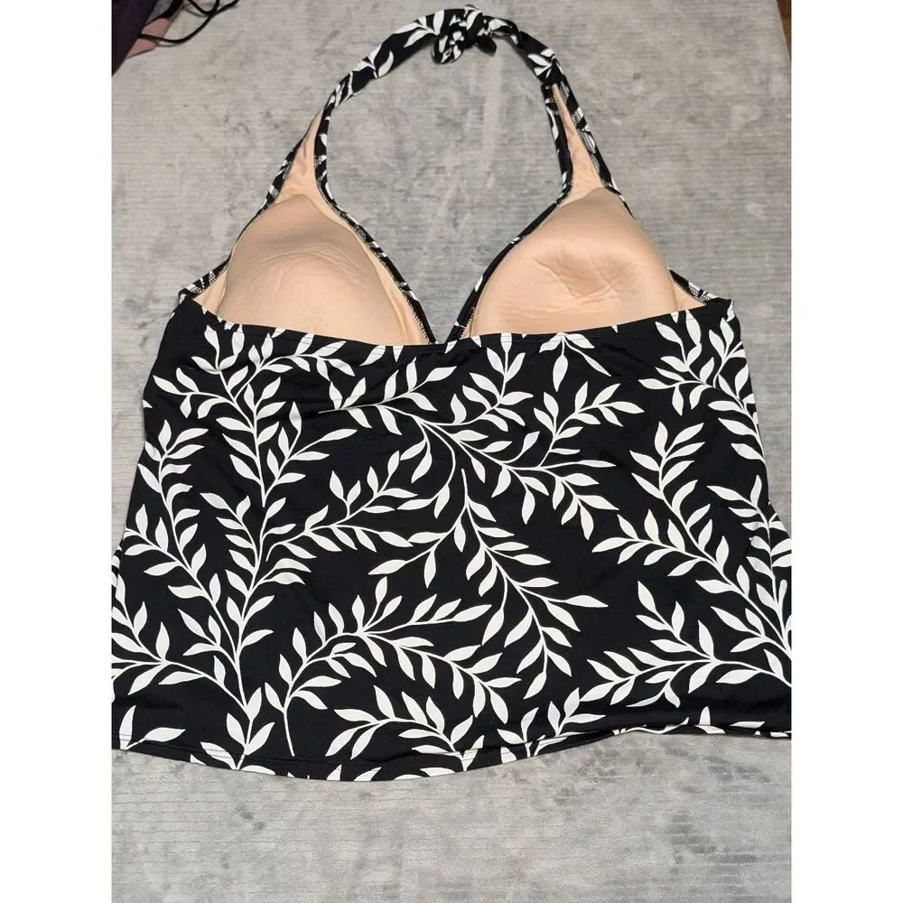 Lands End Size 18 Women's Floral Halter Tankini Top Black and White